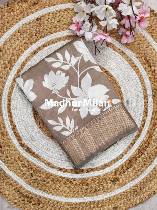 FLORAL PRINT ASSAM SILK SAREE BROWN