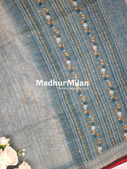 LENIN TISSUE EMBROIDERY WORK SAREE DUSTY RAMA