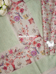 DIGITAL SEMI TUSSER SILK SAREE DUSTY PISTA