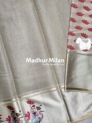 TORA SILK SATIN PRINTED BORDER SAREE LIGHT GREY