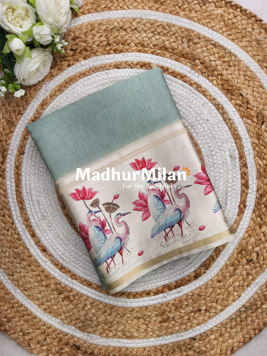 TORA SILK SATIN PRINTED BORDER SAREE DUSTY GREEN