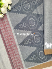 SUTI PIN STRIPES BORDER COTTON SAREE DEEP GREY