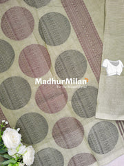 SUTI STRIPED BUTTA BORDER WEAVING COTTON SAREE SAGE GREEN
