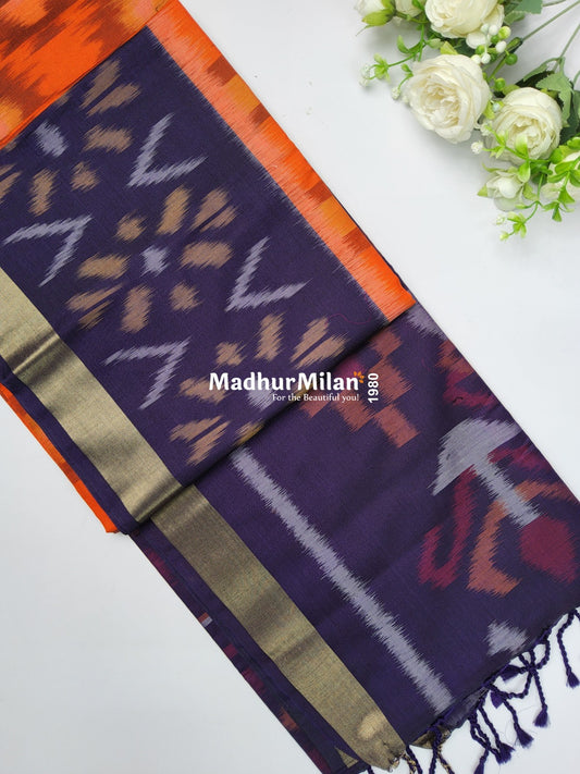 RUBY PATTOLA SILK TISSUE BORDER ORANGE PURPLE