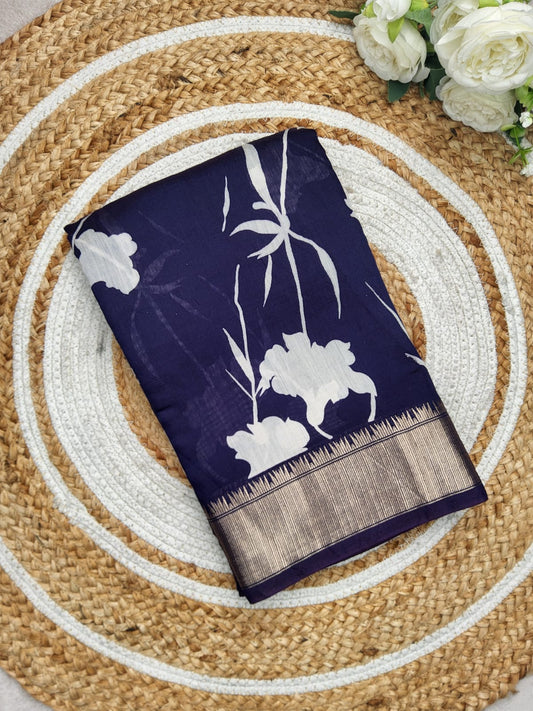 FLORAL PRINT ASSAM SILK SAREE NAVY BLUE