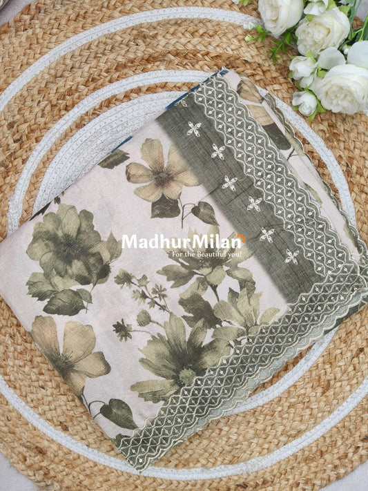 FLORAL TISSUE SAREE DUSTY GREEN