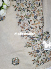 LENIN TISSUE EMBROIDERY WORK SAREE CREAM GREEN