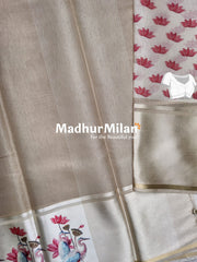 TORA SILK SATIN PRINTED BORDER SAREE BEIGE