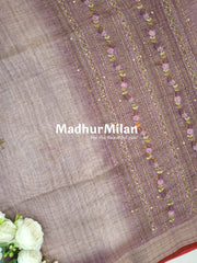 LENIN TISSUE EMBROIDERY WORK SAREE DUSTY ROSE PINK