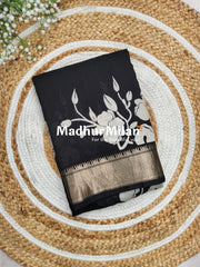 FLORAL PRINT ASSAM SILK WHITE BLACK