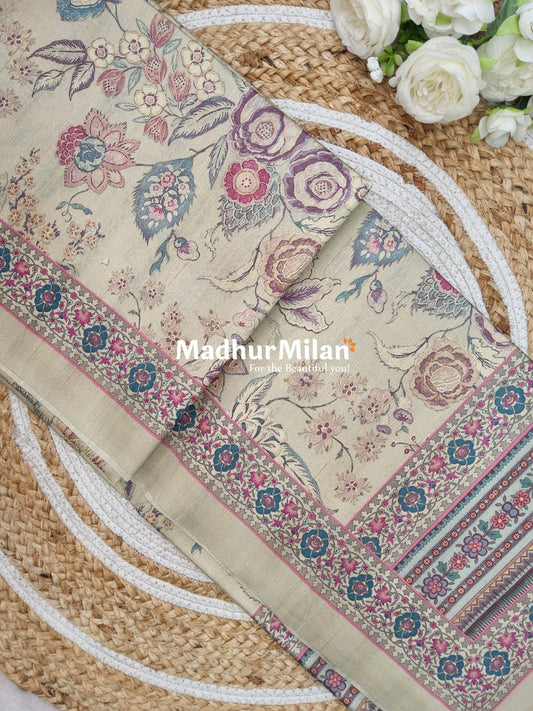 FLORAL DIGITAL SEMI TUSSER SILK SAREE DUSTY GREEN