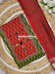 PATOLA PRINT COTTON UNSTITCHED SALWAR SUIT GREEN