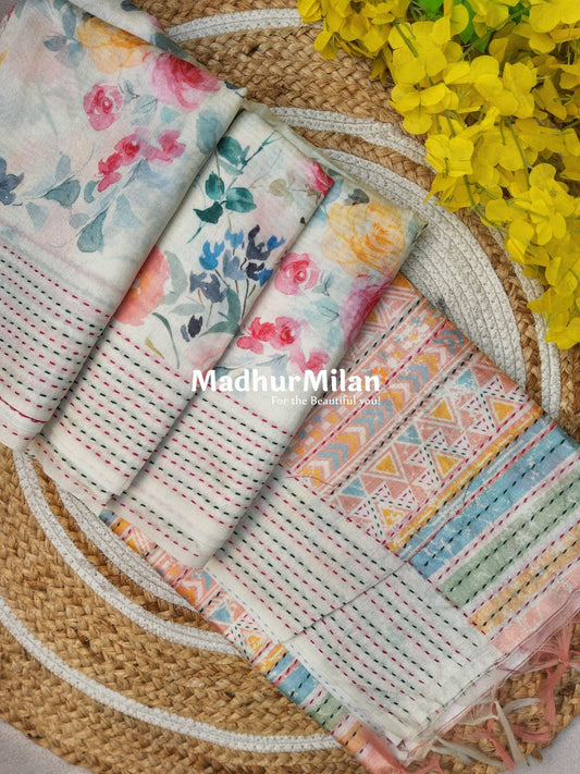 FLORAL KATHA LINE BORDER SEMI TUSSER SILK SAREE CREAM