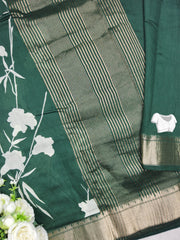 FLORAL PRINT ASSAM SILK SAREE WHITE DEEP GREEN