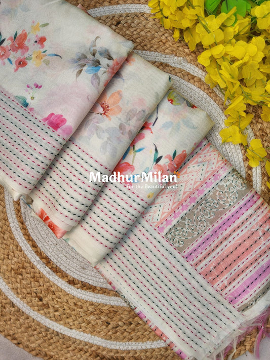 FLORAL KATHA LINE BORDER SEMI TUSSER SILK SAREE CREAM