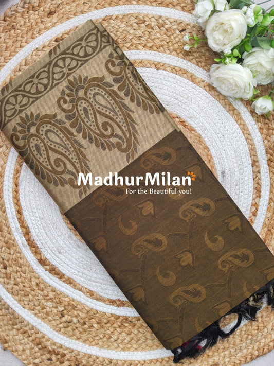 SUTI EMBOSE BORDER COTTON SAREE MAHENDI