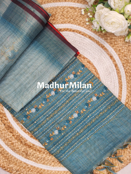 LENIN TISSUE EMBROIDERY WORK SAREE DUSTY RAMA