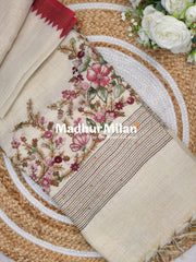 LENIN TISSUE EMBROIDERY WORK SAREE CREAM PINK