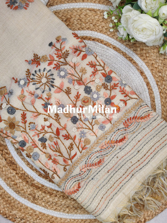 LENIN TISSUE EMBROIDERY WORK SAREE CREAM PEACH