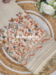 LENIN TISSUE EMBROIDERY WORK SAREE CREAM PEACH