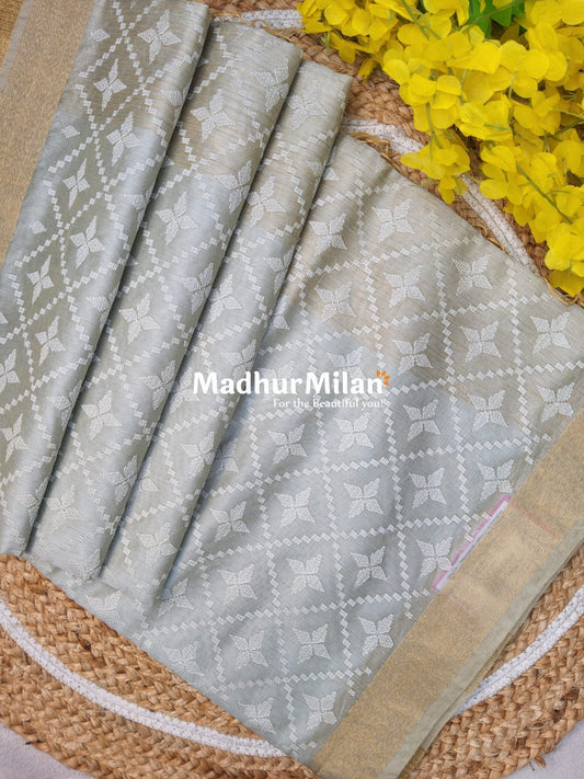 EMBROIDERY KORA SILK COTTON SAREE GREY