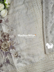 FLORAL PRINTED BORDER EMBRIODERY SEMI TUSSER SAREE DUSTY BROWN