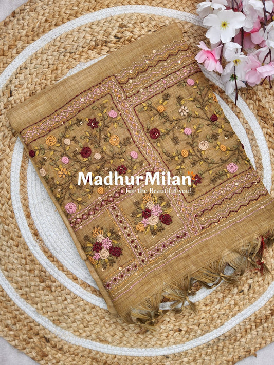 LENIN TISSUE EMBROIDERY WORK SAREE DUSTY YELLOW