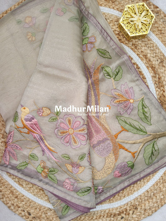 FLORAL EMBROIDERY WORK TISSUE ORGANZA SAREE DUSTY GOLD