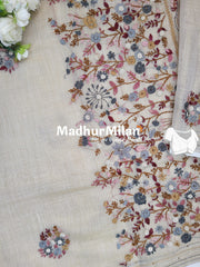 LENIN TISSUE EMBROIDERY WORK SAREE CREAM WINE