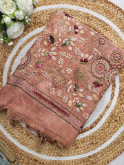 LENIN TISSUE EMBROIDERY WORK SAREE DUSTY RUST