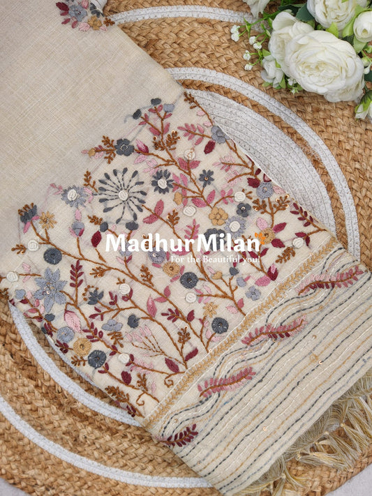 LENIN TISSUE EMBROIDERY WORK SAREE CREAM WINE