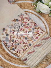 LENIN TISSUE EMBROIDERY WORK SAREE CREAM WINE