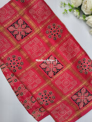 CHECKS AJRAKH PRINT GAJI MODAL SAREE PINK