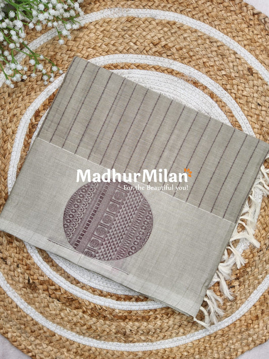 SUTI STRIPED BUTTA BORDER WEAVING COTTON SAREE DUSTY LIGHT GREEN