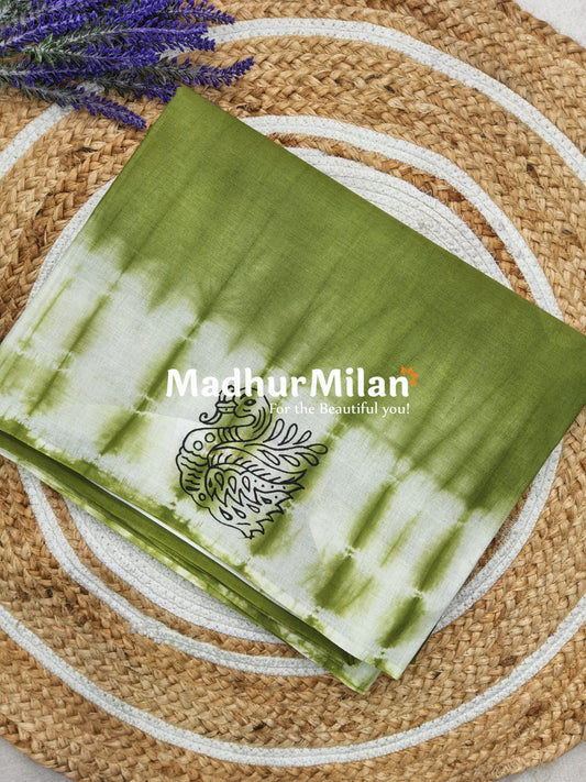 CHUNADI BLOCK PRINTED COTTON SAREE PISTA GREEN