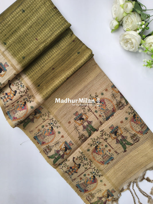 PIN STRIPES DIGITAL SEMI TUSSER SAREE MEHNDI