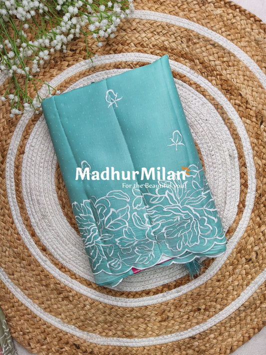 FLORAL WHITE EMBROIDERY WORK SAREE TEAL