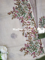 LENIN TISSUE EMBROIDERY WORK SAREE CREAM GREEN