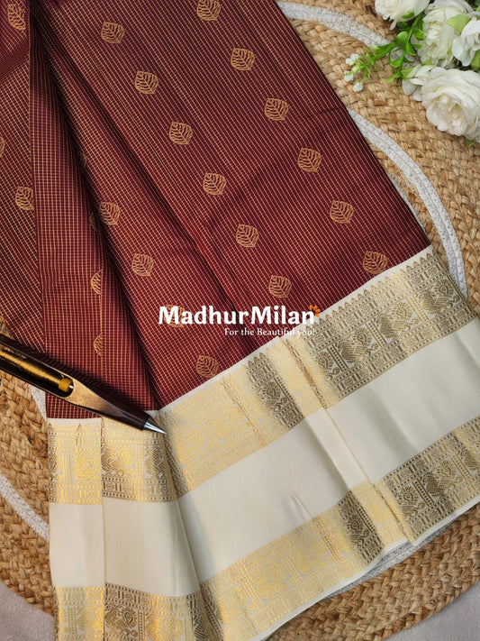 KANCHI CHECKS BUTTA BENTEX BORDER SAREE MAROON CREAM