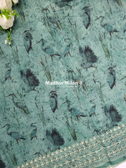 CHANDERI FLAMINGO EMBROIDERY WORK SAREE TEAL GREEN