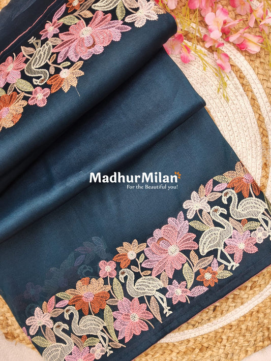 EMBROIDERY BORDER WORK TISSUE ORGANZA SAREE DEEP GREEN