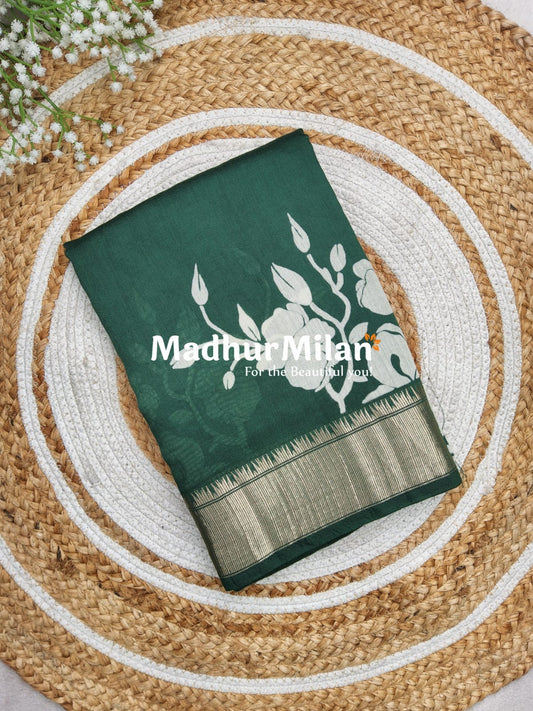 FLORAL PRINT ASSAM SILK WHITE GREEN