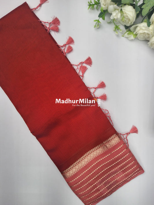 8 LINE BORDER ASSAM SILK SAREE RED PEACH