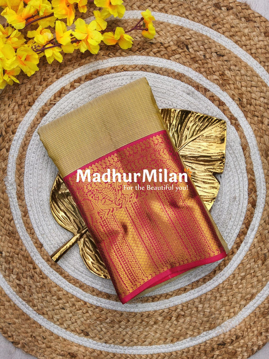 KORVAI CHECKS 8 INCH BORDER SAREE PALE GOLD PINK