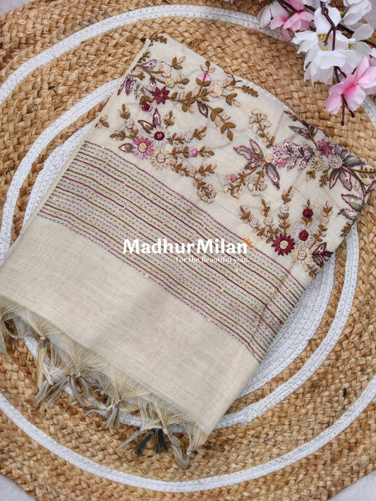 LENIN EMBROIDERY WORK SAREE CREAM GREY