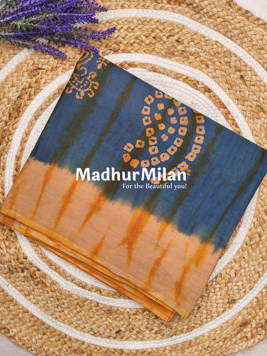 CHUNADI BATIK PRINTED COTTON SAREE BLUE