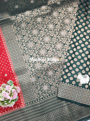 INAAYA BANARASI BLOOMS SAREE RED DARK GREEN