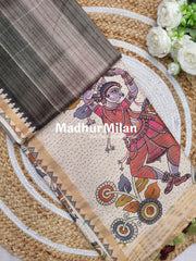 SEMI TUSSAR KALAMKARI PALLU SAREE DUSTY GREEN