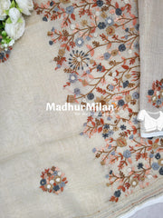 LENIN TISSUE EMBROIDERY WORK SAREE CREAM PEACH