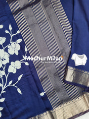 FLORAL PRINT ASSAM SILK WHITE NAVY-BLUE